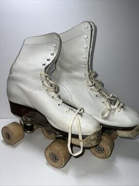 Vtg Official Roller Derby White Lace Up Wooden Wheel Skates Size 6 Great Cond